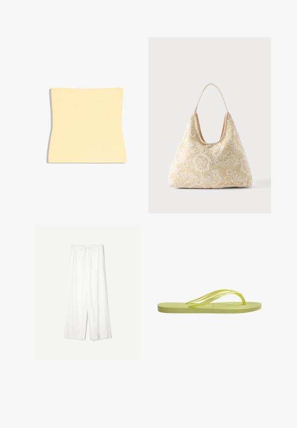 Lysebeige lændestøttepude med en kontureret form designet til at passe til lænden, vist på en hvid baggrund.; Hvide bukser med vide ben, elastisk talje og snøre, lavet af let stof.; Limegrøn flip-flop med ribbet sål, tynde stropper og struktureret fodseng. Fremstillet af gummi, med et minimalistisk design og glat overflade.; Kremfarvet stoftaske med hvidt blomsterhæklet mønster og en enkelt tynd skulderrem på ensfarvet baggrund.