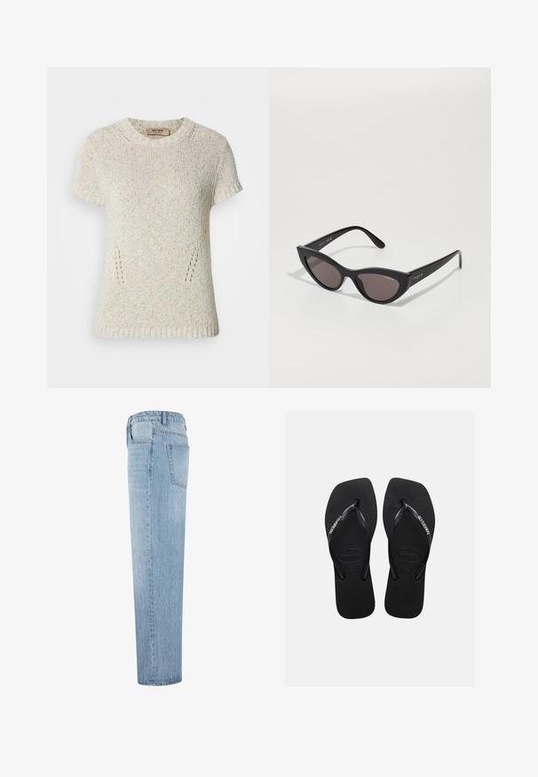 Kortærmet strikket sweater i en lys neutral farve med silede tekstur, der har subtile ventilationsdetaljer i siden og en rund halsudskæring.; Lysblå straight-leg denim jeans med høj talje og synlig baglomme, vist fra siden mod en hvid baggrund.; Sorte gummiflip-flops med teksturerede såler og tynde stropper med Havaianas-logo i hvidt på en ensfarvet baggrund.; Cat-eye solbriller med en mat sort ramme og mørke linser, der har "vogue" branding på siden og en karakteristisk vinklet form.