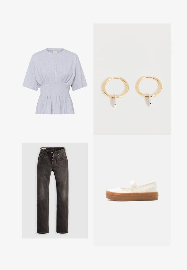 Lysegrå kortærmet bluse med rund halsudskæring og samling ved taljen, der skaber en tætsiddende silhuet.; Mørkegrå lige ben jeans lavet af denim, der har en knaplukning, fem-lommemodel og subtile falmede detaljer på stoffet.; Hvid lærreds-Mary Jane-sko med en tyk brun gummisål og en enkelt rem over vristen.; Guld øreringe med små lodrette sølv rektangulære vedhæng, vist på en hvid baggrund.