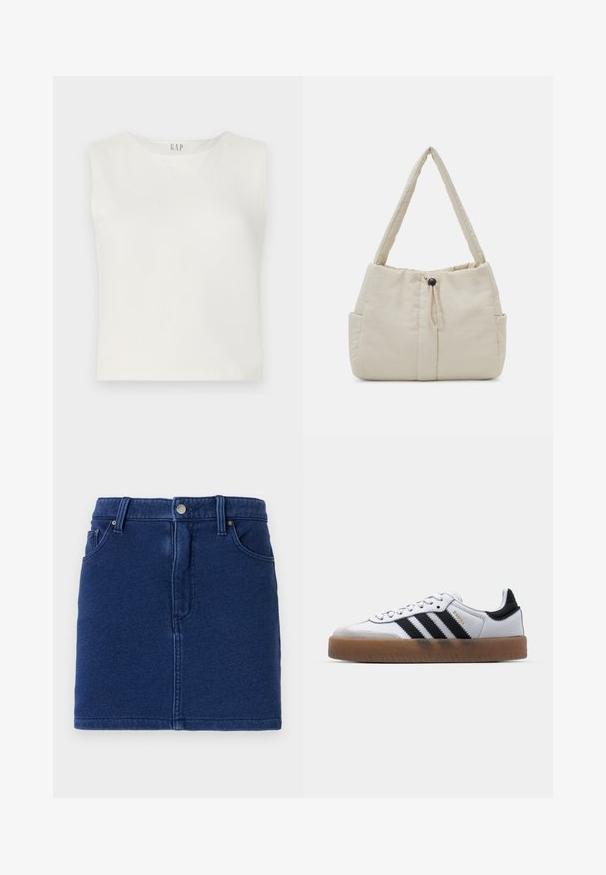 Haut blanc court sans manches en tissu lisse, avec un col rond et un design minimaliste mettant en avant le logo GAP centré en haut.; Jupe en denim bleu profond au design ajusté, fermeture par boutons à l'avant et deux poches sur les côtés. Présente des coutures visibles et un ourlet droit.; Baskets en cuir blanc avec des rayures noires, semelle extérieure en caoutchouc beige, bout rond, fermeture lacée et embout en suède gris doux.; Even&Odd by Zalando Sac à main - off-white