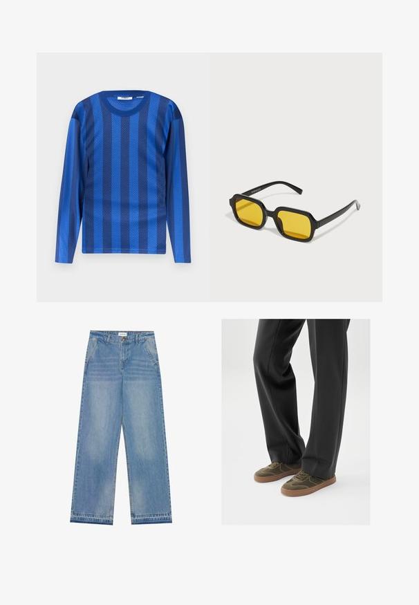 Chemise à manches longues bleu avec des rayures verticales alternant entre foncé et clair, fabriquée en tissu en maille respirant.; Jean large taille haute bleu clair avec fermeture à bouton, poches avant, passants de ceinture et détails légèrement décolorés.; Baskets en daim vert avec semelles en caoutchouc marron, dotées d'un design à lacets et de détails de couture courbes, assorties à un pantalon noir sur mesure.; Lunettes de soleil rectangulaires noires avec des verres jaunes. Les caractéristiques incluent des montures épaisses et un design anguleux avec une finition lisse et brillante.