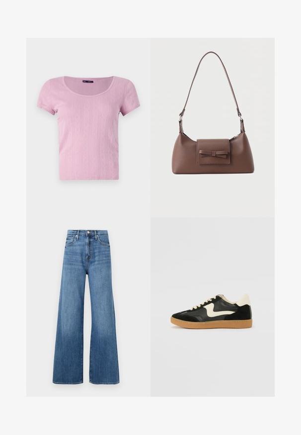 T-shirt rose à manches courtes avec un col rond, présentant une texture à côtes verticales et des motifs en forme de losange. Fabriqué en matière légère et extensible.; Jean large à taille haute bleu avec fermeture à bouton et à zip, poches avant et décoloration subtile sur le tissu.; Baskets en daim et cuir noir avec un swoosh latéral crème et un talon crème clair. Dotées de lacets beige et d'une semelle en caoutchouc gomme.; Sac à bandoulière en cuir marron avec une poche à rabat avant ornée d'un détail en forme de nœud cousu et une sangle réglable.