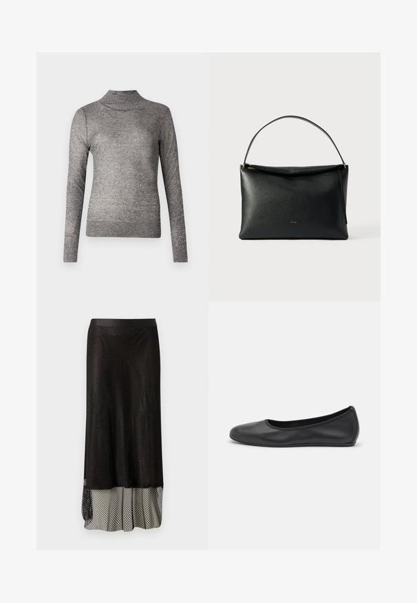 Grijze turtleneck trui met lange mouwen, gemaakt van een glinsterende brei-stof. Beschikt over een aansluitend ontwerp en een geribbelde kraag.; Zwarte mesh midi-rok met een aansluitende tailleband, open diamanten patroon en een flowy voering aan de onderkant voor extra beweging en textuur.; Zwarte leren ballerina met een ronde neus, gladde textuur, minimale stikdetails en een flexibele zoolontwerp.; Zwarte leren handtas met een gladde textuur, een gebogen handvat en een gouden ritssluiting. Minimalistisch ontwerp met een subtiel logo.