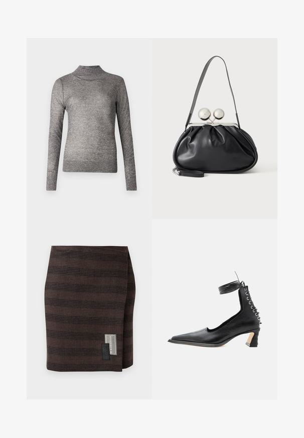 Grå turtleneck sweater med lange ærmer, lavet af et glitrende strikket stof. Har et tætsiddende design og en ribbet krave.; Brun nederdel lavet af struktureret stof, prydet med vandrette striber i varierede nuancer. Etiketten på siden viser brandnavnet og plejebeskrivelser.; Sort lavhælet lædersko med spids tå, snøredetalje bagpå og ankelrem mod en ensartet hvid baggrund.; Sort læderhåndtaske med opsamlet design, en enkelt rem, sølv metalramme og to store runde sølv lukninger.