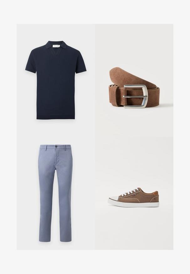 Mørkeblå strikket polo med korte ærmer og vaffeltekstur, V-halsudskæring samt ribstrikkede manchetter og kant.; Lyseblå bomulds-chinos i slim fit med knaplukning, bælteløkker og sidelommer, glat tekstur og lige ben.; Brune kanvas sneakers med hvide snørebånd, gummitåspids og kontrasterende tan-detaljer på hælen, med et lille tricolor-emblem.; Brunt ruskindsbælte rullet med en sølvfarvet rektangulær metalspænde på en ensartet lys baggrund.