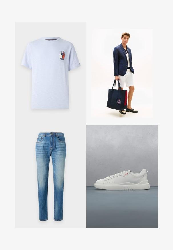 Lys blå bomulds T-shirt med rund hals. Har et palmetræsgrafik i rød og marineblå på venstre brystområde. Korte ærmer.; Lyseblå denimjeans med lige ben, høj talje, subtilt slid og klassisk fem-lomme-design. Metalknaplukning.; Hvide sneakers med en glat læderfinish, rund tå, fire snørehuller, subtile perforeringer og en rød logo detalje på siden.; Mand i marineblazer, hvide shorts og loafers, der holder en stor marineblå tote-taske med rød stribe og våbenskjold.