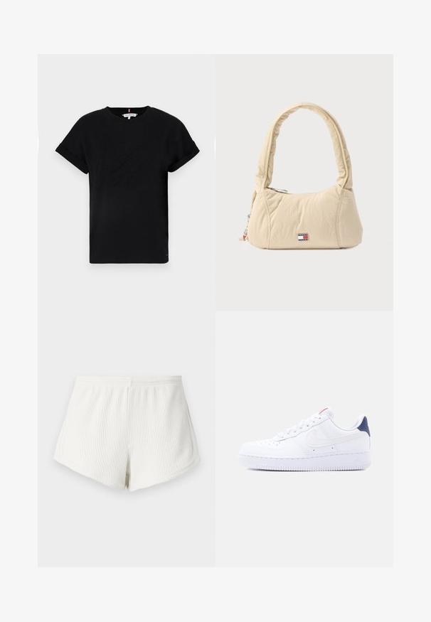 T-shirt en coton noir avec des manches courtes roulées, ornée d'un logo en relief au centre et d'un petit accent drapeau sur le côté.; Shorts en tissu côtelé blanc avec une taille élastique, présentant une coupe décontractée et un ourlet incurvé. Détail de couture arrière visible.; Baskets basses blanches avec perforations sur la pointe, lacets blancs, logo swoosh blanc et languette de talon bleu foncé.; Sac à bandoulière couleur crème en tissu doux matelassé, avec une poignée courbée et un patch logo. Fermeture éclair avec détail de breloque supplémentaire.