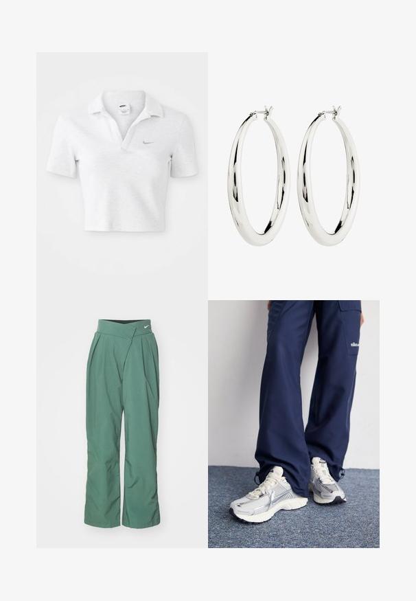 Camiseta polo recortada en gris claro con una textura suave, que presenta un cuello clásico y un pequeño logo de Nike en gris oscuro en el pecho.; Nike Sportswear TROUSER - Pantalones - vintage green/light army; Zapatillas deportivas Nike con parte superior de malla plateada, acentos blancos y suelas texturizadas, combinadas con pantalones azul marino de corte holgado.; Pendientes de aro de plata con una superficie lisa y reflectante. Forma redonda y grande con un cierre seguro en la parte superior. El acabado pulido resalta el brillo.