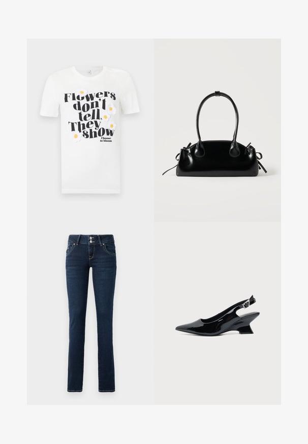 Weißes T-Shirt mit kurzen Ärmeln, schwarzem Text "Blumen erzählen nicht, sie zeigen" und weißen, mit gelben Zentren bestickten Gänseblümchen.; Dunkelblaue Skinny-Jeans mit doppelt-knopfverschluss, Fronttaschen und gelben Nähten auf einem weißen Hintergrund.; Schwarzer Slingback-Schuh aus Lackleder mit spitzer Spitze und niedrigem, schrägem Blockabsatz auf einfachem hellem Hintergrund.; Kleine schwarze glänzende Handtasche mit zwei langen Griffen und seitlichen Kordelzug-Details vor einfachem hellem Hintergrund.