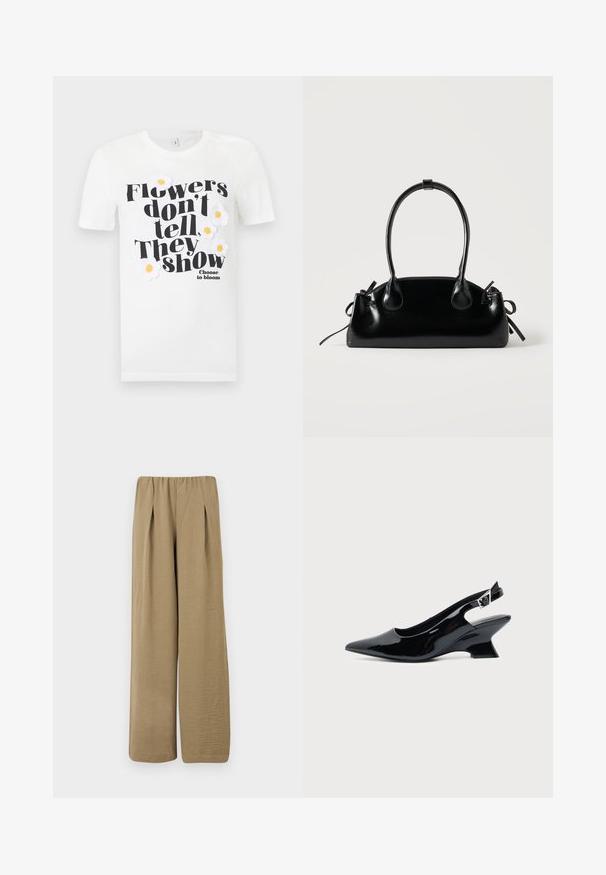T-shirt blanc à manches courtes avec un texte noir "Les fleurs ne racontent pas, elles montrent" et des marguerites brodées blanches aux centres jaunes.; Pantalon beige taille haute à jambes larges avec plis et tissu texturé, présenté sur un fond blanc.; Chaussure slingback en cuir verni noir avec bout pointu et petit talon bloc incliné sur fond clair uni.; Petit sac à main noir brillant avec deux longues anses et des détails à cordon sur les côtés sur un fond clair uni.