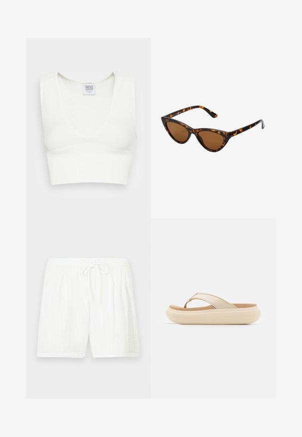Hvid ribbet crop top med dyb V-udskæring og brede skulderstropper. Mærket synligt med brandnavnet "BDG" og størrelse "S." Glat tekstur.; Hvide bomuldsshorts med elastisk talje og snøre. Har et tekstureret mønster med lodrette striber og sidelommer.; Beige flip-flop sandal med en bred tåstrop og en tyk, rund sål. Har et glat overmateriale og en kontrasterende brun fodseng.; Kat-ejede solbriller med en sort og orange skildpaddemønstret stel, brune linser og slanke, spidse ender. Har et minimalistisk logo på skabelsen.