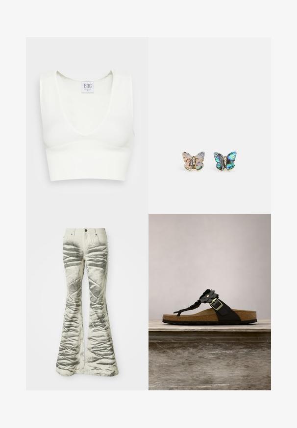 Hvid ribbet crop top med dyb V-udskæring og brede skulderstropper. Mærket synligt med brandnavnet "BDG" og størrelse "S." Glat tekstur.; Lysfarvede flared jeans med teksturerede sorte vandrette striber og krøllede detaljer, der har forlommer og metalknaplukning.; Sort sandal med dekorative blomsterdetaljer, justerbar rem, korkfodindlæg og gummisål, vist på en træoverflade.; Sommerfugleformede øreringe i iriserende materiale; den ene side har klare sten langs midten. Farven skifter mellem blå, grøn og lilla.