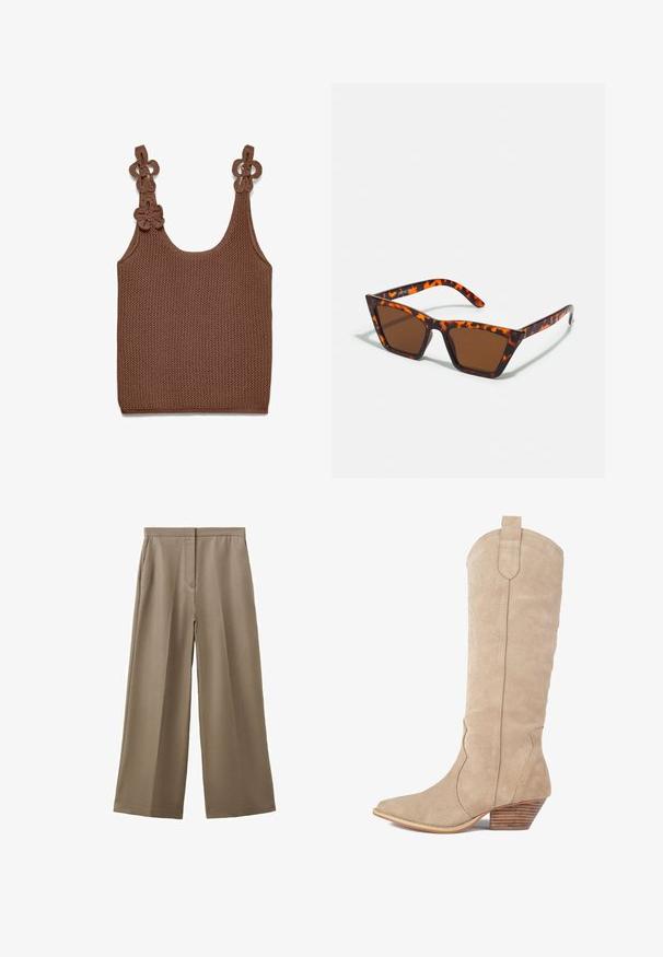 Haut marron crochet sans manches avec encolure dégagée et boucles florales décoratives sur les bretelles.; Pantalon beige à jambes larges, taille haute et poches latérales, présenté à plat sur fond blanc.; Botte de cowboy en daim beige avec un bout pointu, des coutures décoratives et un talon en bois empilé. La hauteur atteint le mollet.; Lunettes de soleil teintées de brun avec un motif écaille de tortue, monture angulaire et branches fines. Matériau en plastique léger.