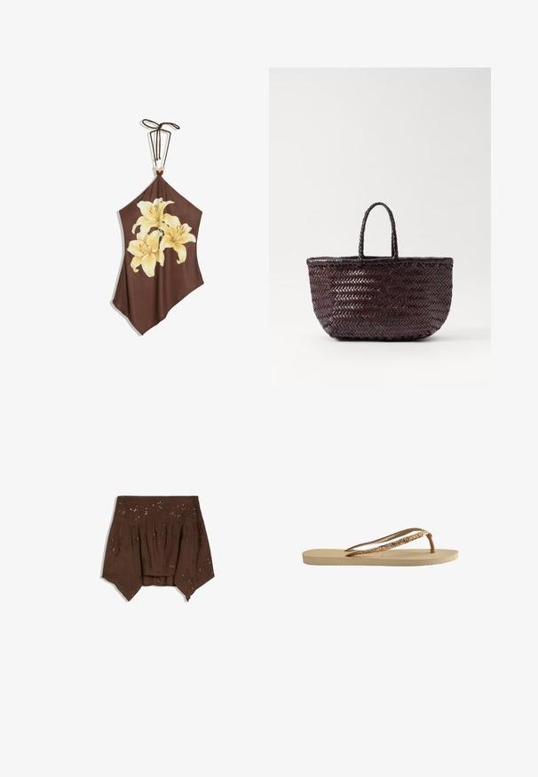Bruine haltertop met drie grote bleke gele lelies op de voorkant en een bindkoord met kralen bij de hals.; Bruine off-shoulder top met asymmetrische zoom, geplooide stof en subtiele bloemenversieringen met pailletten.; Tongs met een beige gestructureerde zool, dunne bruine banden en gouden glitters. Lichtgewicht ontwerp geschikt voor casual gebruik.; DRAGON DIFFUSION TRIPLE JUMP SMALL - Handtas - dark brown