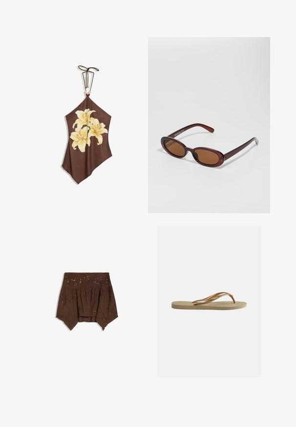 Hnedý halter top s tromi veľkými bledými žltými ľaliami potlačenými na prednej strane a šnúrkou so šnúrkami a korálkami na krku.; Hnedý top s odhalenými ramenami, asymetrickým lemom, nazbieranou látkou a jemnými kvetinovými ozdobami s flitrami.; Béžové žabkové sandále s textúrovanou podrážkou a bronzovými kovovými pásikmi v tvare Y na jednoduchom bielom pozadí.; Okrúhle slnečné okuliare s hnedým nádychom a lesklým burgundským rámom. Úzke ramená s jemným brandovaním. Plochej šošovky dizajn.