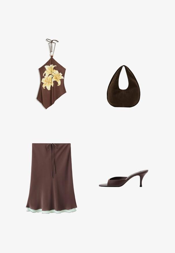 Brown halter top with three large pale yellow lilies printed on the front and a tie string with beads at the neck.; Brown A-line skirt with light blue ruffled hem and a thin tie at the waistband, shown against a white background.; Dark brown open-toe mule with a low curved heel and a wide strap across the front.; Dark brown suede crescent-shaped handbag with a single wide strap and smooth texture on a white background.