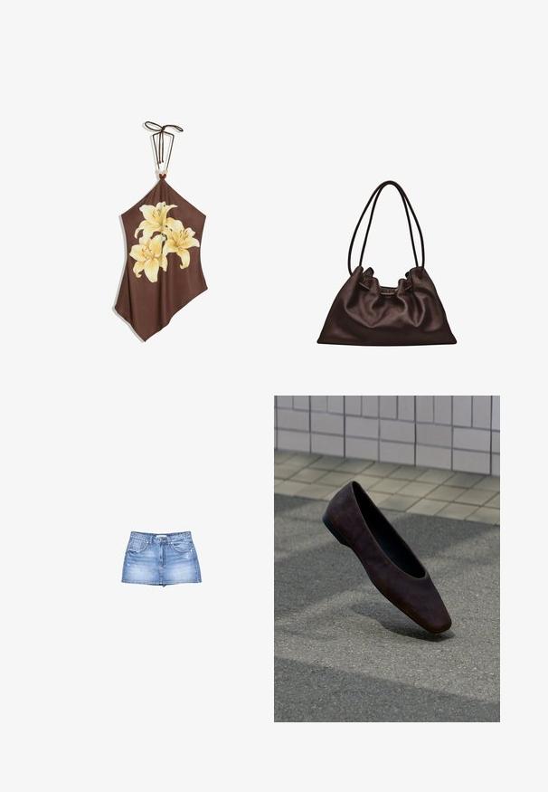 Brun haltertop med tre store lysegule liljer trykt på fronten og et bindebånd med perler i nakken.; Denim nederdel i lyseblå med en frynset kant, knaplukning foran og to forlommer. Slidte detaljer tilføjer tekstur.; Enkelt mørkebrun flad sko svævende over tekstureret jord med baggrund af flisebelagt væg.; Blød mørkebrun læderhåndtaske med en slasket form og to tynde skulderstropper mod en hvid baggrund.