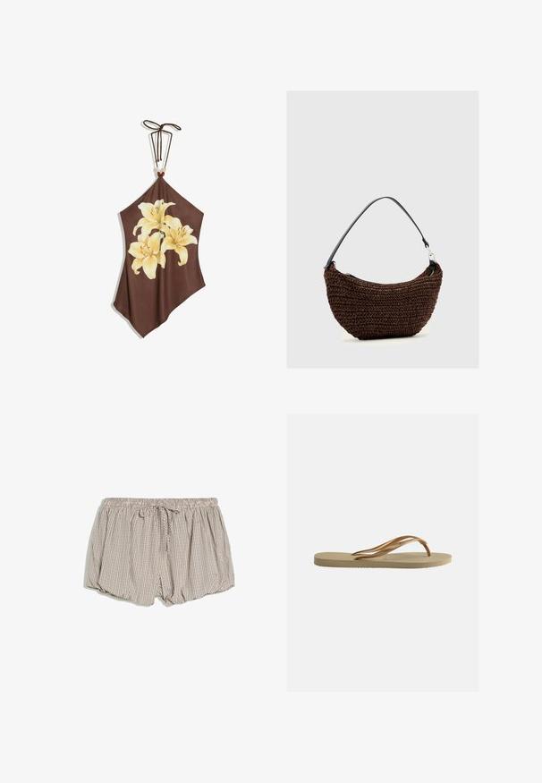 Top dos nu marron avec trois grandes lys jaune pâle imprimés sur le devant et un cordon à nouer avec des perles au niveau du cou.; Short beige ample avec petit motif à carreaux, taille élastique et cordon noué sur fond blanc.; Tongs beige avec semelle texturée et brides métalliques bronze en forme de Y sur fond blanc uni.; Sac à main tissé marron avec une forme courbée et une bandoulière unique noire sur fond gris clair uni.
