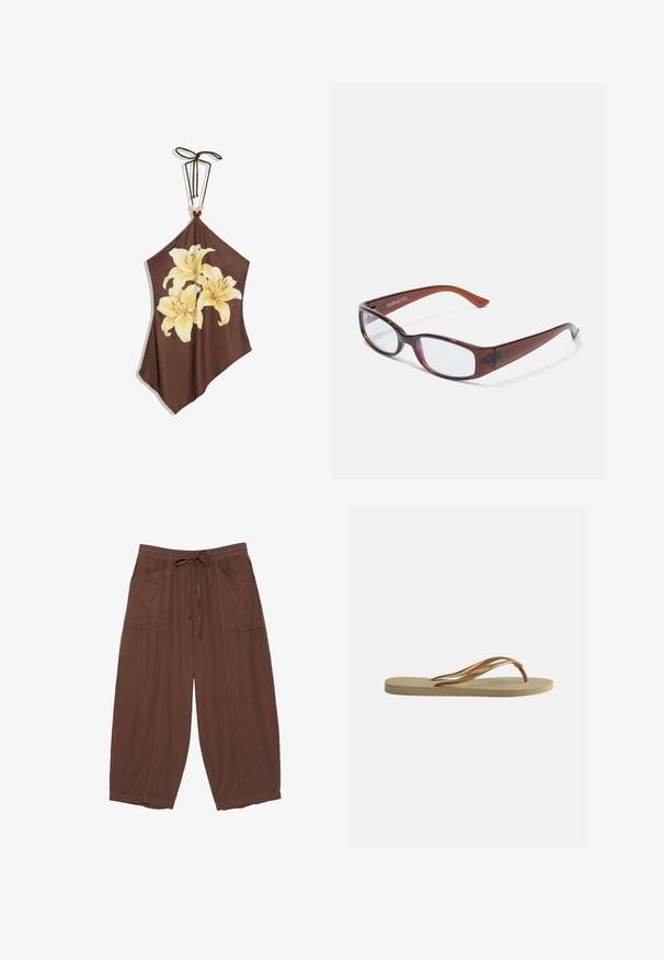 Top dos nu marron avec trois grandes lys jaune pâle imprimés sur le devant et un cordon à nouer avec des perles au niveau du cou.; Pantalon large marron court avec taille élastique, cordon de serrage à l'avant et grandes poches plaquées des deux côtés.; Tongs beige avec semelle texturée et brides métalliques bronze en forme de Y sur fond blanc uni.; Lunettes rectangulaires teintées de brun avec une finition brillante, dotées de branches fines et de verres transparents. Logo visible sur la branche gauche.