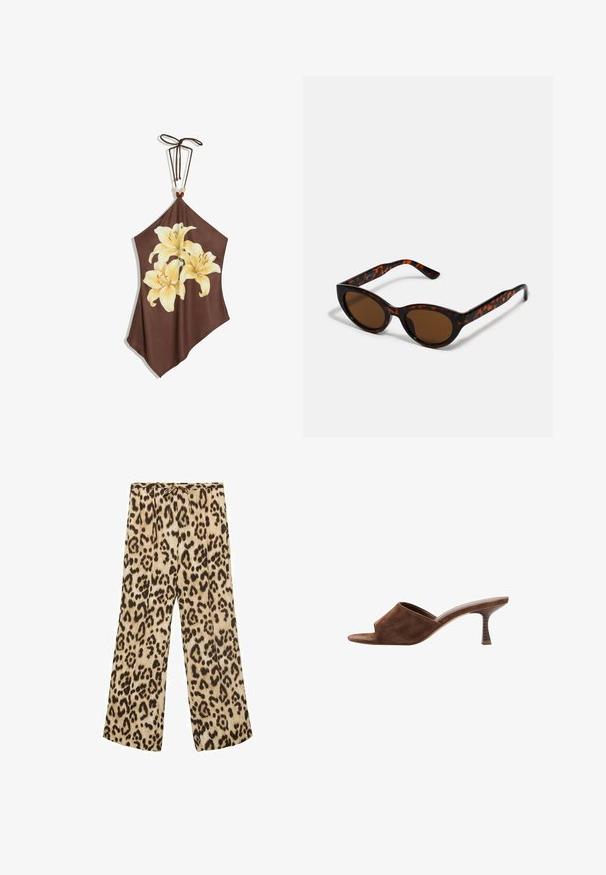Brun haltertop med tre store lysegule liljer trykt på fronten og et bindebånd med perler i nakken.; Betræksbukser med leopardmønster i beige og brun, med snøre i taljen, glat stof og en afslappet pasform.; Brun ruskind åben tå mule med mellemhøj, buet træsko hæl og slip-on design på en hvid baggrund.; Brune skildpadde solbriller med en vintage katteøje-form og brune linser. Har buede arme med røde detaljer.