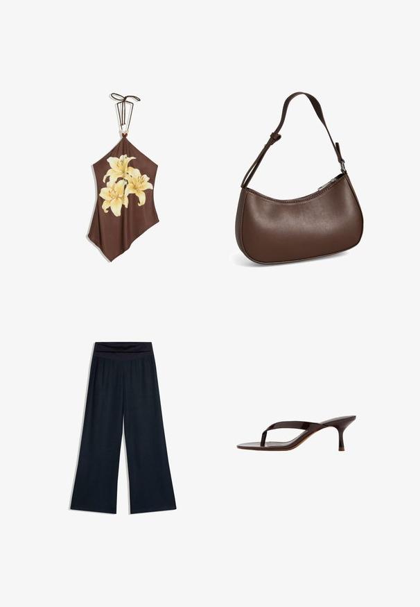 Top dos nu marron avec trois grandes lys jaune pâle imprimés sur le devant et un cordon à nouer avec des perles au niveau du cou.; Pantalon noir à jambes larges avec une taille haute repliée, posé à plat sur un fond blanc.; Sandale à talon en cuir verni noir avec bride entre les orteils et un talon petit kitten élancé de hauteur moyenne, vue de côté sur fond blanc.; Petit sac bandoulière en cuir marron avec sangle réglable et fermeture éclair, présenté sur fond blanc. Aucun logo ou décoration visible.