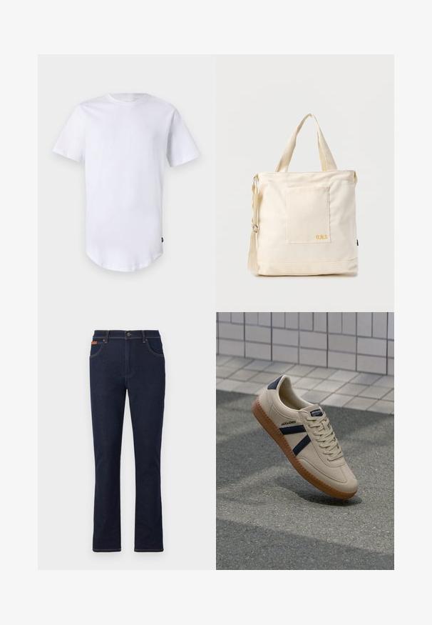Weißes T-Shirt mit kurzen Ärmeln aus Baumwolle. Rundhalsausschnitt mit abgerundetem Saum. Etikett auf der unteren linken Seite sichtbar. Glatte Textur.; Dunkelblaue Jeans mit geradem Bein, vorderem Knopf und Reißverschluss, Taschen vorne und hinten sowie braunen Nähten.; Beige Sneaker mit strukturierter Oberfläche, dunkelblauen Streifen und Gummisohle. Verfügt über eine gepolsterte Zunge und ein traditionelles Schnürsystem für einen sicheren Sitz.; Beige Canvas-Shopper mit Fronttasche, zwei Griffen, verstellbarem Schulterriemen und kleinem gelbem "O.N.S"-Text unten rechts auf der Tasche.
