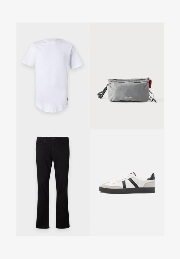 Biela tričko s krátkym rukávom vyrobené z bavlny. Dizajn s okrúhlym výstrihom a zakriveným spodným lemom. Štítok viditeľný na dolnej ľavej strane. Hladká textúra.; Čierne džínsy s rovnými nohavicami, päť vreciek a jemnými stehovými detailmi. Materiál je mäkký s matným povrchom.; Biele tenisky s čiernymi a šedými akcentmi, s textúrovanou šedou špičkou, čiernou gumovou podrážkou a plochými bielymi šnúrkami. Čistý dizajn, minimalistický štýl.; Sivý obdĺžnikový obal so zipsami, čierno-bielou lanovou rukoväťou na jednej strane a textom „ONLY & SONS“ v strede vpredu.