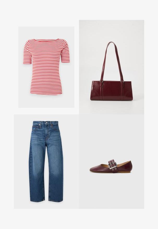 Chemise à manches courtes rayée horizontale rouge et blanche avec un col large, légèrement en forme de bateau, sur un fond clair uni.; Jean bleu taille haute à jambes droites avec poches avant et arrière, fermeture par boutons et passants de ceinture sur fond clair.; Ballerine en cuir bordeaux avec un bout pointu, large bride avec boucle en métal argenté et plusieurs trous, semelle plate, texture lisse.; Sac à main bordeaux en matériau brillant, de forme rectangulaire, avec deux anses et des accents légèrement courbés à l'avant.