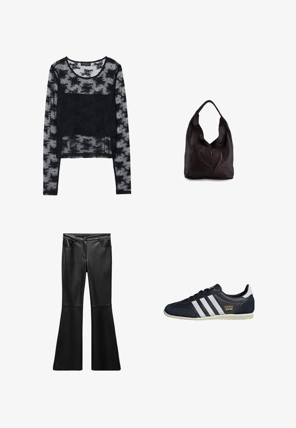 Sort langærmet top med en gennemsigtig meshdesign. Har et blomsterstrukturoverlag og en solid stoffsektion i midten. Stilfuld og let.; Sort faux læder flared bukser med en glat tekstur, høj talje, forlommer og lynlåsgylp. Har sømdetaljer på benene.; Sorte lædersneakers med tre hvide striber, en struktureret finish, guld "adidas JAPAN" logo og en gummisål med grebmønster.; Mørkebrun skuldertaske i læder med et stort hjerteformet præget mønster foran og en enkelt bred skulderrem.