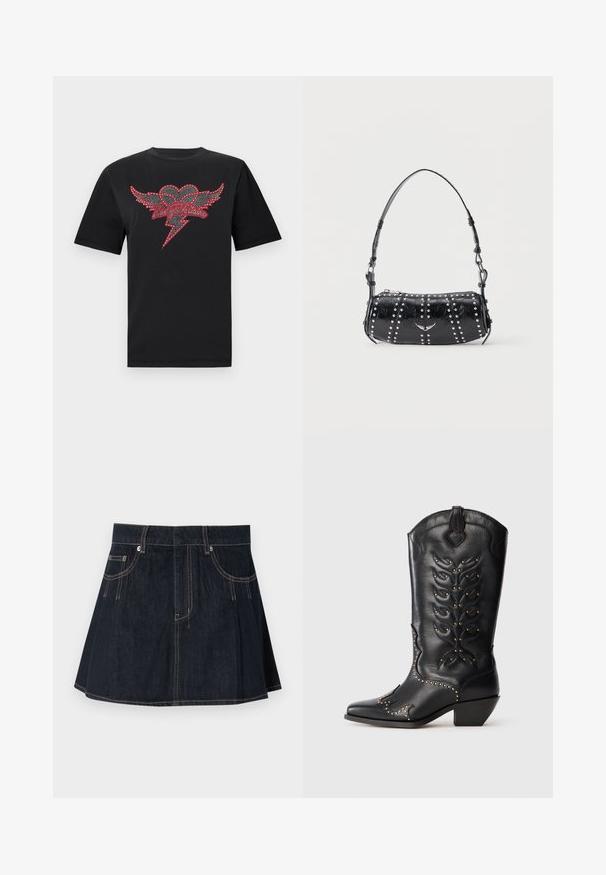 Sort bomuld T-shirt med et design af et hjerte med vinger pyntet med røde og hvide rhinsten samt et lyn-symbol.; Denimnederdel i mørkeblå, med en flagrende design, bæltestropper, forvægspockets og kontraststing langs sømmene.; Sort læder cowboystøvle med gulddetaljer, spids tå, dekorative sømme og en kort blokhælk. Præget bladmotiv på skaftet.; Sort skuldertaske i laklæder med sølvnitter i lodrette rækker og et lille sølvfugleemblem midt på fronten.