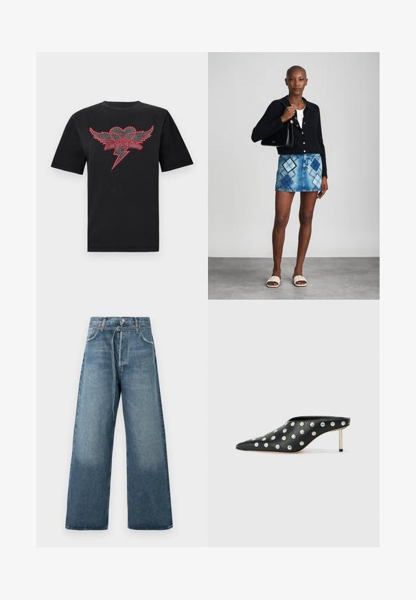T-shirt en coton noir avec un motif de cœur ailé orné de strass rouges et blancs et un détail d'éclair.; Jeans évasés bleu en délavé, fabriqués en denim avec des accents de couture visibles et une fermeture à bouton à la taille.; STAND STUDIO KELSEY - Mules à talons - black; Un cardigan en maille noir, un haut blanc, une jupe en denim avec un motif de diamants bleus et noirs, un sac à main noir et des sandales à enfiler beiges.