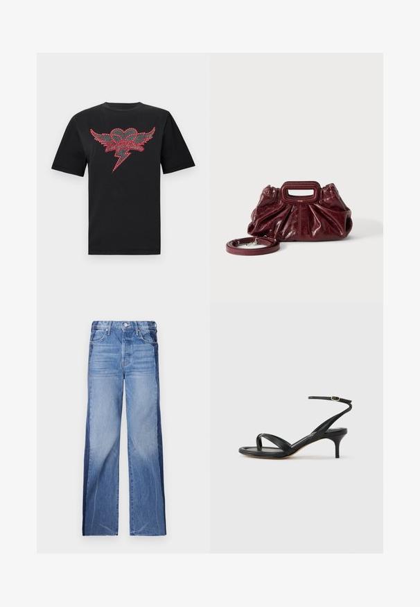 Zwart katoenen T-shirt met een ontwerp van een gevleugeld hart, versierd met rode en witte strasstenen en een bliksemschichtdetail.; Denim jeans met een wijde pijp, twee tonen blauw stof met onderscheidende kleursecties, een middelhoge taille en standaard vijf-pocketstijl.; Zwarte leren dames sandaal met dunne bandjes, een teengreep, een enkelgesp en een stilettohak van gemiddelde hoogte op een neutrale achtergrond.; Kleine donkerrode leren handtas met geplooide textuur, rechthoekig handvat met uitsparing en afneembare schouderriem tegen een witte achtergrond.