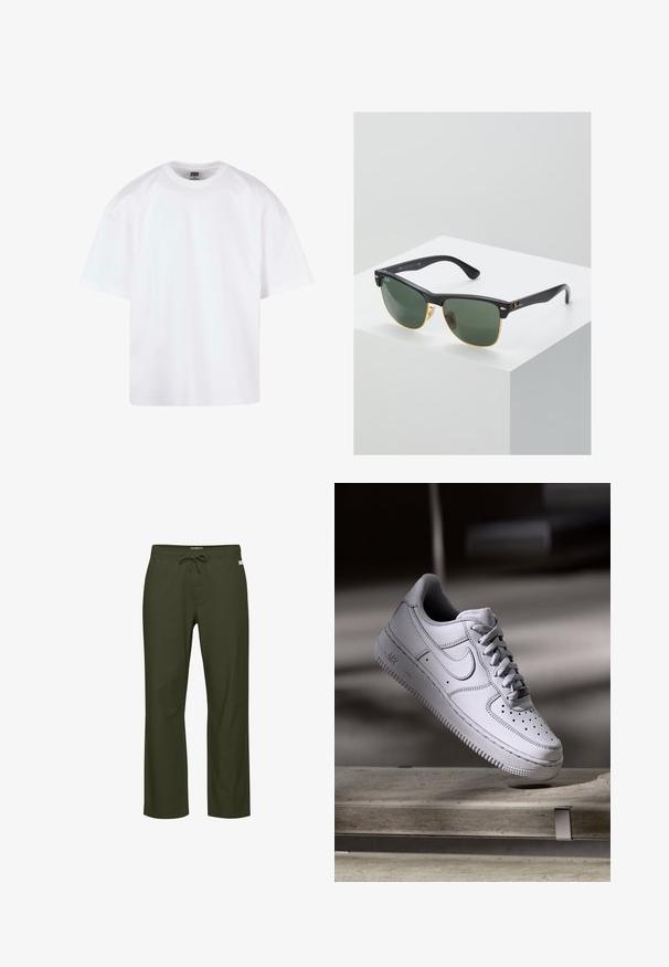 Camiseta blanca de manga corta con diseño de cuello redondo, confeccionada en algodón, con un ajuste relajado y detalles mínimos de costura.; Pantalones verde oliva con cintura de cordón, diseño de pierna recta, textura de tela suave y una etiqueta de logo sutil en el frente.; Zapatilla Nike Air Force 1 de cuero blanco que presenta una puntera perforada, cordones planos y una suela de goma texturizada con la marca "AIR" en el lateral.; Gafas de sol Ray-Ban con lentes verdes, montura de plástico negro y acentos dorados en los bordes. Forma cuadrada con acabado mate.
