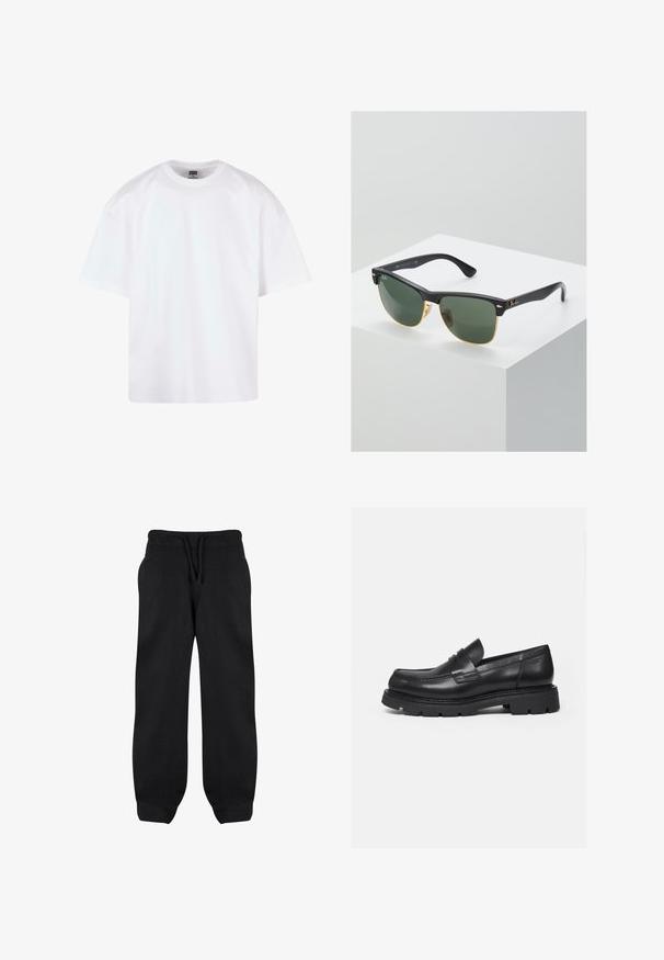 Camiseta blanca de manga corta con diseño de cuello redondo, confeccionada en algodón, con un ajuste relajado y detalles mínimos de costura.; Pantalones de chándal negros con cintura elástica, cordón y bolsillos laterales. Fabricados con una tela suave, tienen un corte holgado y tobillos ajustados.; Mocasín negro de cuero con suela gruesa y acanalada y detalle de tira para moneda, mostrado en perfil lateral derecho sobre fondo blanco.; Gafas de sol Ray-Ban con lentes verdes, montura de plástico negro y acentos dorados en los bordes. Forma cuadrada con acabado mate.