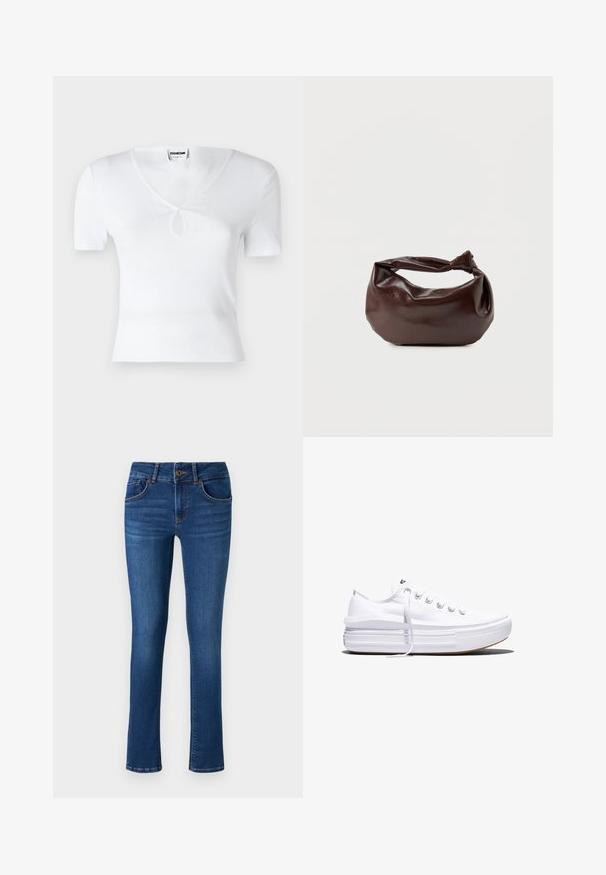 Valge ribaga lühikeste varrukatega särk V-kaeluse ja keskel asuva võtmeauguga detailiga. Kitsas lõige, sile tekstuur ja minimalistisch disain.; Keskmise sinise värvusega denim teksad, otsekäärtega, viie taskuga ning taskute ja vöökohaga tikandiga.; Valge madala lõikega lõuendijalanõu, millel on paks platvormpõhi, ees nöörimine ja kummist tekstuuriga varbakate, kujutatud külgvaates.; Tumepruunast nahast õlakott, pehme ja lõdva vormiga, keeratud sõlme tüüpi sangaga, valgel ühevärvilisel taustal.