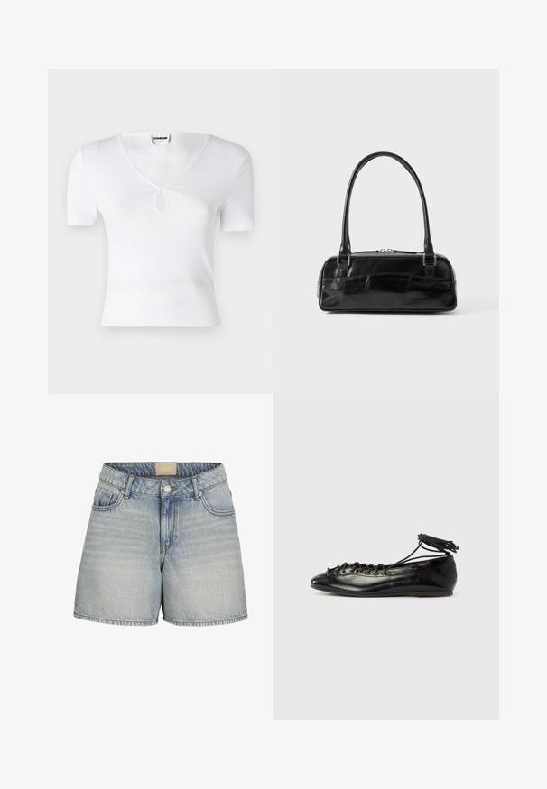 Hvid ribbet kortærmet top med V-hals og en central nøglehulsmulighed. Tæt siddende form, glat tekstur og minimalistisk design.; Lysblå denimshorts med høj talje, der har knaplukning, fem lommer og subtilt slid for et struktureret look.; Sorte balletflade sko i laklæder med rundet tå, snørelukning og flad sål. Glat tekstur med få detaljer.; Sort læderhåndtaske med rektangulær form, der har et enkelt struktureret håndtag, sølvhardware og lynlås-lukning. Glat tekstur.