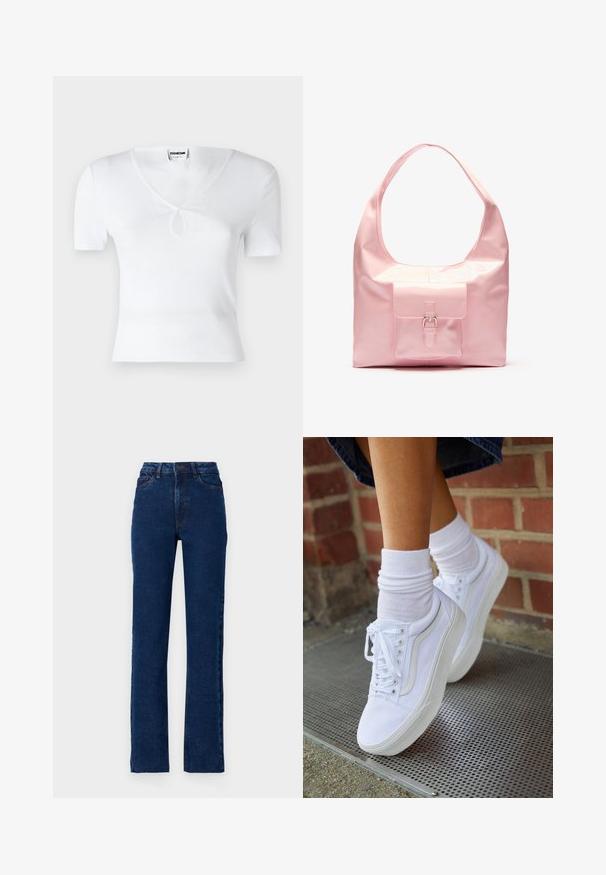 Weißes, geripptes Kurzarmoberteil mit V-Ausschnitt und einer zentralen Schlüssellochöffnung. Enganliegende Passform, glatte Textur und minimalistisches Design.; Hoch geschnittene dunkelblaue Jeans aus Denim mit geradem Bein, fünf Taschen und kontrastierender Naht entlang der Nähte.; Weiße Leinensneaker mit Gummisohlen, ausgestattet mit sechs Ösen, runder Zehenpartie und dezenten Nähten, kombiniert mit weißen Knöchelsocken.; Rosa Handtasche mit glänzendem Finish, großer Schulterriemen, Fronttasche mit dekorativem Schnallendetail. Glatte Oberfläche, minimalistisches Design.