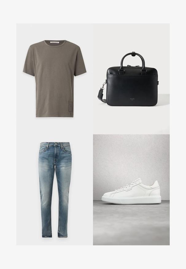 Kortærmet olivengrøn rundhals t-shirt med lille rektangulært mærke nær den nederste kant på venstre side.; Slim-fit blå denimjeans med falmet vask, fem-lomme stil, knaplukning og diskret slidmærker ved hofter og knæ.; Hvide lædersneakers med rund tå, flad snørebåndslukning og grå gummisål. Har diskrete syninger og et logoplacering.; Sort lædermappe med dobbelte håndtag og aftagelig skulderrem, minimalistisk design på ensfarvet baggrund.