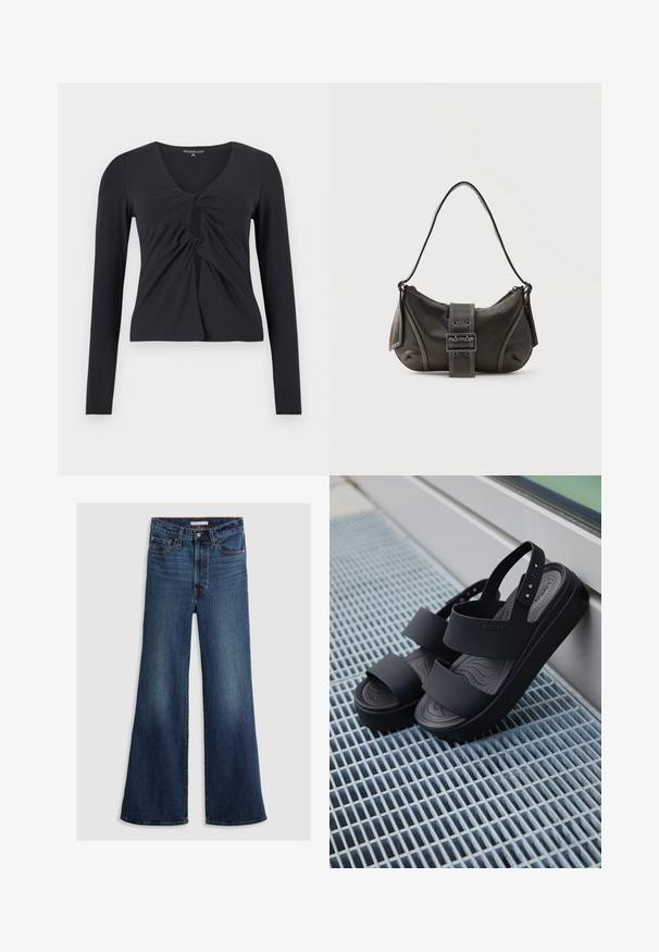 Čierny krátky crop top s dlhými rukávmi, so zauzlením a detailom výrezu v tvare kľúčovej dierky na prednej strane a výstrihom do tvaru V.; Džíny s voľným strihom v tmavomodrom denime, s vysokým pásom, piatimi vreckami a kontrastným prešívaním pozdĺž švov a v páse.; Čierne platformové sandále s dvoma širokými remienkami a zadným remienkom, umiestnené na kovovej roštovej ploche vedľa skleneného okna.; Čierna kožená kabelka cez rameno s detailom prackového popruhu, zaoblenými okrajmi a kontrastným bielym prešívaním na jednoduchom pozadí.