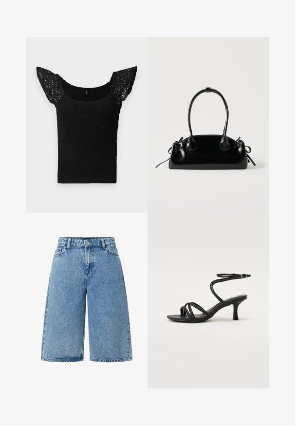 Top negro con cuerpo fruncido y mangas de encaje con volantes. La tela tiene una textura con un patrón fruncido, lo que añade interés visual.; Pantalones cortos de mezclilla en azul claro, con un diseño de corte amplio, estilo estándar de cinco bolsillos y una tela texturizada con un acabado desgastado.; Even&Odd Wide Fit by Zalando Sandalias - black; Pequeño bolso negro brillante con dos asas largas y detalles de cordón lateral sobre un fondo claro liso.