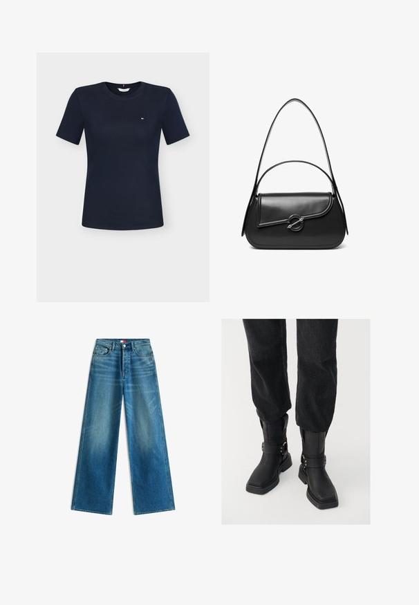 Marineblå tætsiddende T-shirt med korte ærmer, rund halsudskæring og lille Tommy Hilfiger-logo på venstre bryst.; Blå jeans med vide ben, forlommer, bæltestropper, knaplukning og små detalje med mærkeflag på lommen og i taljen.; Sorte læder ankelstøvler med firkantet tå, der har en bred rem og metallisk spænde detalje. Støvlerne har en chunky sål og en glat overflade.; Sort skuldertaske i læder med en buet klap, der er fastgjort med en rund metal spænde, og en slank, justerbar rem.