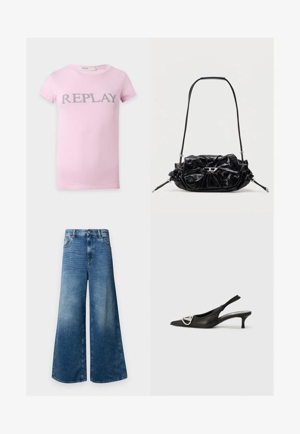 Lyserød kortærmet T-shirt med grå store "REPLAY" tekst på brystet på en ensfarvet baggrund.; Bredde denim jeans i mellemblå med et klassisk fem-lomme design, knaplukning og let falmning for ekstra tekstur.; Sorte læderslipsko med spids tå, der har en sølvlogo detalje og en lille hæl. Glat tekstur og minimalistisk design.; Sort læderhåndtaske med et opsamlet design og sløjfedetalje foran. Har en kort hank og sølvfarvede hardware-accenter.