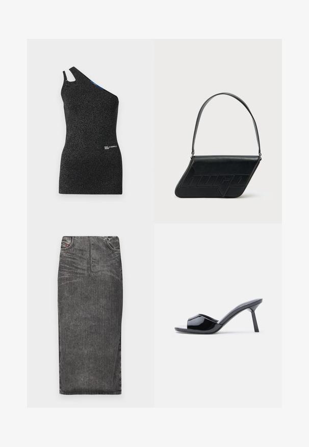 Schwarzes, einseitig gelegtes Oberteil aus strukturierter Stoff mit metallischen Fäden. Verfügt über einen Ausschnitt an der Schulter und ein Logodetail am Saum.; Grauer Denim-Midi-Rock mit vertikalen Nadelstreifen, hoher Taillenbund, Fünf-Taschen-Design und einem sauberen Saum.; Schwarze Sandalen mit Absatz aus Lackleder, offenem Zehenbereich, mit geschwungenem Obermaterial und spitz zulaufendem Stilettoabsatz. Glatte, glänzende Oberfläche.; Schwarze Leder-Umhängetasche mit dreieckiger Form, geprägt mit Logo und einem einzigen verstellbaren Riemen. Minimalistisches Design mit glatter Textur.