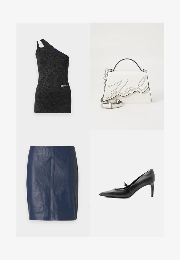 Zwart, off-shoulder top gemaakt van textiel met een gestructureerd weefsel en metalen draden. Heeft een uitsnede bij de schouder en een logo-detail aan de onderkant.; Minirok van navyblauw leer met een gladde textuur, rechte snit en minimale stikdetails aan de zijkanten.; Zwarte leren pumps met puntige neus, dunne riem en gesp over de wreef, staand op een neutrale lichte achtergrond.; Witte leren handtas met een golvende ontwerp, zilver kleurige studs in de letters en een afneembare zilveren kettingriem. Gladde textuur en gestructureerde vorm.