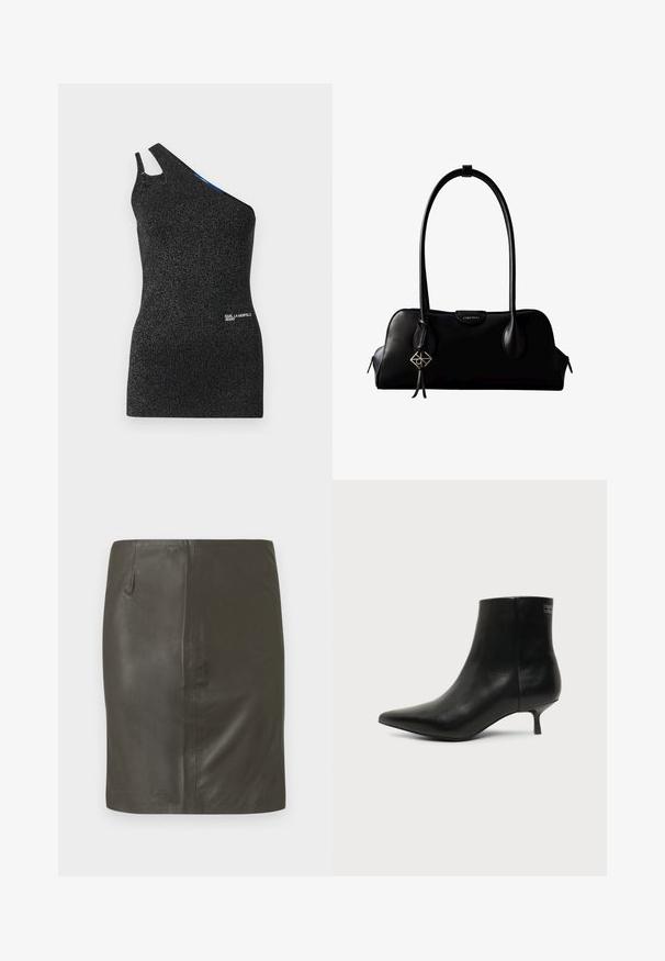 Top noir à une épaule en tissu texturé avec des fils métalliques. Présente une découpe à l'épaule et un détail de logo à l'ourlet.; Jupe en cuir vert foncé avec une texture lisse, coupe ajustée et une poche latérale unique. Design simple sans éléments métalliques visibles ni motifs.; Bottine en cuir noir avec bout pointu et petit talon kitten sur fond clair, vue côté extérieur.; Sac à main en cuir noir Calvin Klein avec de longues anses, une étiquette logo à l'avant et un charme géométrique argenté suspendu à une anse.
