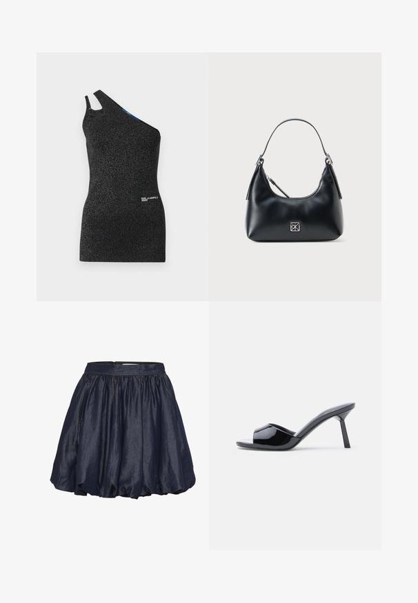 Sorte top med én skulder, lavet af struktureret stof med metaltråde. Har en udskæring ved skulderen og et logo detalje ved kanten.; Marineblå satin skirt med elastisk talje, rynkede plisseringer og en let udvidet design. Blød tekstur med en glat glans.; Sorte laklæder sandaletter med åben tå, der har et buet overdesign og en spids stilethæl. Glat, blank finish.; Sort læder skuldertaske med et enkelt håndtag, lynlåslukning og et lille kvadratisk sølvlogo på forsiden.