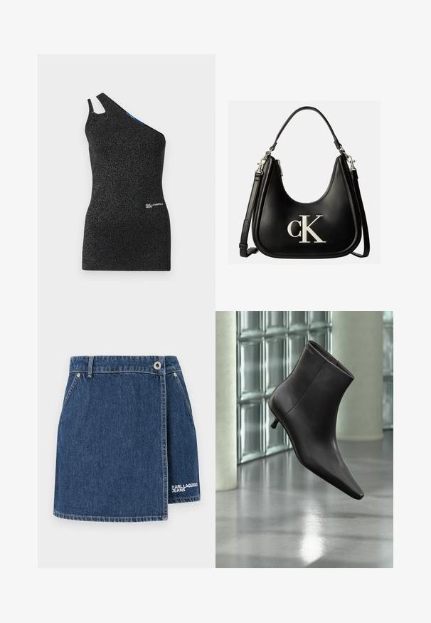 Sorte top med én skulder, lavet af struktureret stof med metaltråde. Har en udskæring ved skulderen og et logo detalje ved kanten.; Denim nederdel i mørkeblå med indpakningsdesign, sølvhardware og hvid "KARL LAGERFELD JEANS" logo broderi ved kanten.; Sort læderankelstøvle med spids tå og lille hæl vist mod en væg af glasblokke og poleret gulv baggrund.; Sort lædertaske med sølv "cK" logo foran, med kort håndtag og længere justerbar skulderrem.
