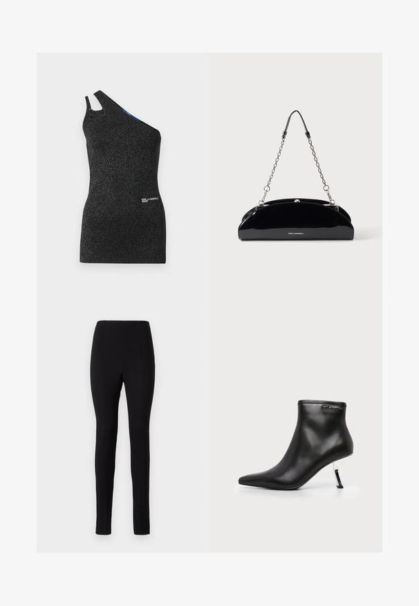 Schwarzes, einseitig gelegtes Oberteil aus strukturierter Stoff mit metallischen Fäden. Verfügt über einen Ausschnitt an der Schulter und ein Logodetail am Saum.; Schwarze Leggings mit einer engen Passform, glatter Textur und vertikalen Nähdetails an den Beinen. Keine sichtbaren Taschen oder Verzierungen.; Schwarzer Leder-Stiefelette mit spitzer Zehenpartie und glänzendem silbernem Stiletto-Absatz auf weißem Hintergrund.; Schwarze glänzende Handtasche mit silberner Kette und kleinem KARL LAGERFELD Logo vorne, vor einem einfarbigen hellen Hintergrund.