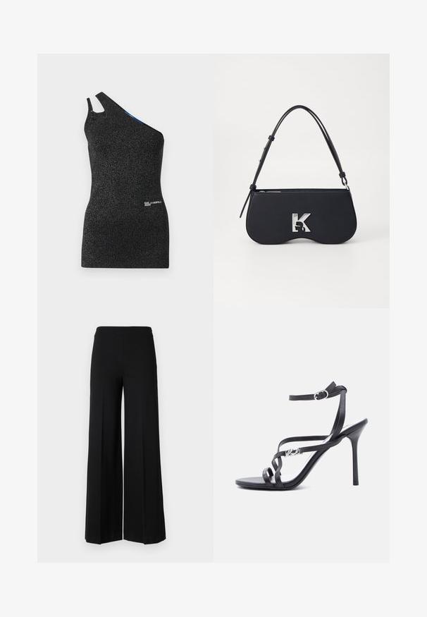 Top negro de un solo hombro hecho de un tejido texturizado con hilos metálicos. Presenta un corte en el hombro y un detalle de logo en el dobladillo.; Pantalones de pierna ancha negros con una textura suave, que presentan una cinturilla alta y sin cierres visibles. Diseño simple y limpio.; Sandalia negra de tacón alto con tiras finas, hebilla en el tobillo y detalle de logo metálico en la tira lateral, sobre un fondo blanco.; Bolso negro con forma curva, material texturizado, logotipo plateado y una correa delgada. Cierre superior con cremallera y características de diseño minimalista.