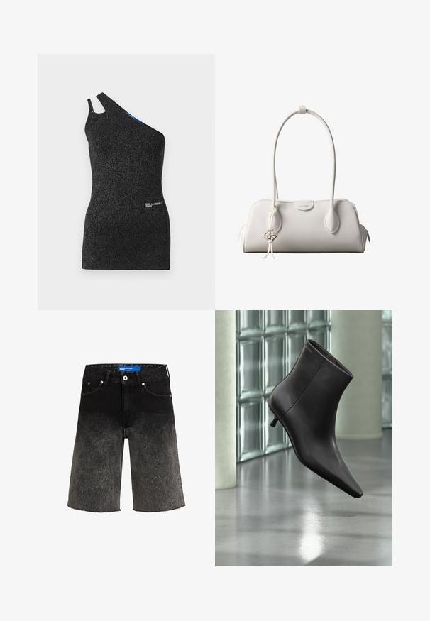 Schwarzes, einseitig gelegtes Oberteil aus strukturierter Stoff mit metallischen Fäden. Verfügt über einen Ausschnitt an der Schulter und ein Logodetail am Saum.; Schwarze Denim-Shorts mit einem Farbverlauf von dunkel zu hell. Mit einem ausgefransten Saum, zwei vorderen Taschen und einem blauen Markenlabel am Bund.; Schwarzer Leder-Knöchelstiefel mit spitzer Spitze und kleinem Absatz vor einer Wand aus Glasbausteinen und einem polierten Boden.; Weiße Calvin Klein Schultertasche mit langen Griffen, rechteckiger Form, Reißverschluss und dekorativem Logo-Anhänger, der in der Nähe des Griffs hängt.